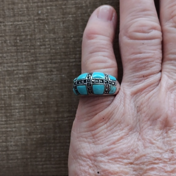 925 Thai Silver Marcasite Turquoise Ring - Picture 1 of 11